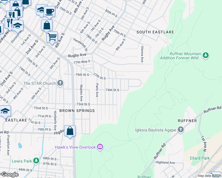 map of restaurants, bars, coffee shops, grocery stores, and more near 7413 Rome Avenue in Birmingham