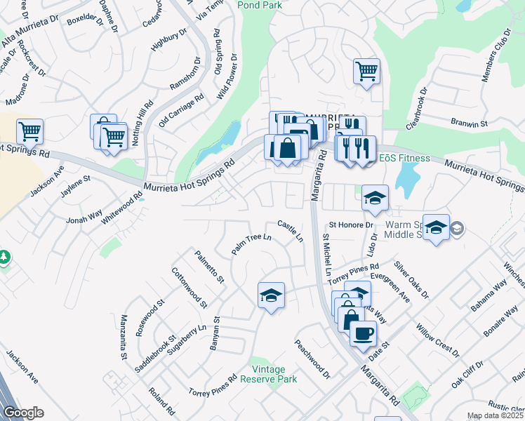 map of restaurants, bars, coffee shops, grocery stores, and more near 39600 Montebello Way in Murrieta