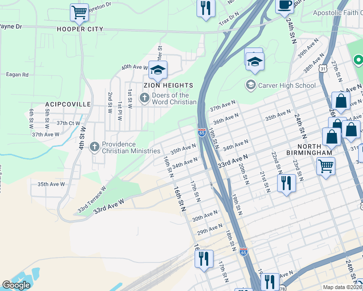 map of restaurants, bars, coffee shops, grocery stores, and more near 1636 35th Avenue North in Birmingham