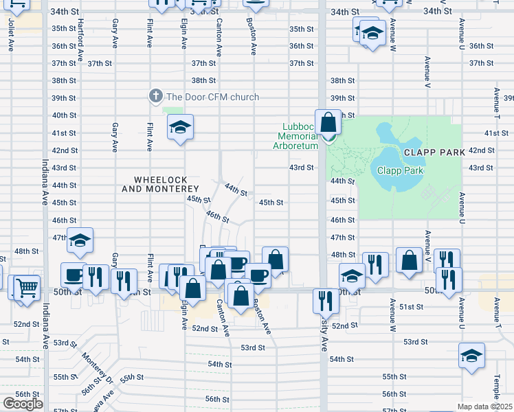 map of restaurants, bars, coffee shops, grocery stores, and more near 2619 45th Street in Lubbock