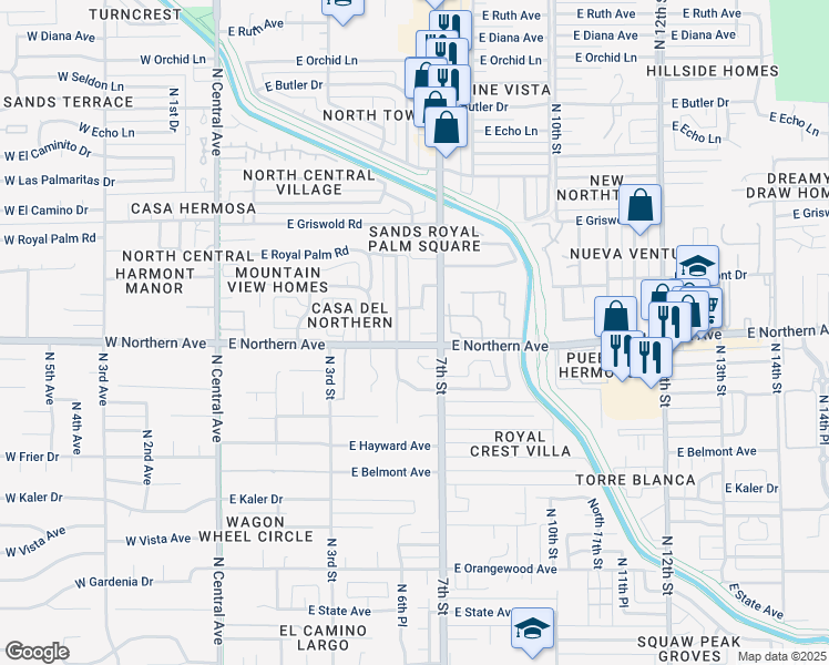 map of restaurants, bars, coffee shops, grocery stores, and more near 8015 North 6th Street in Phoenix