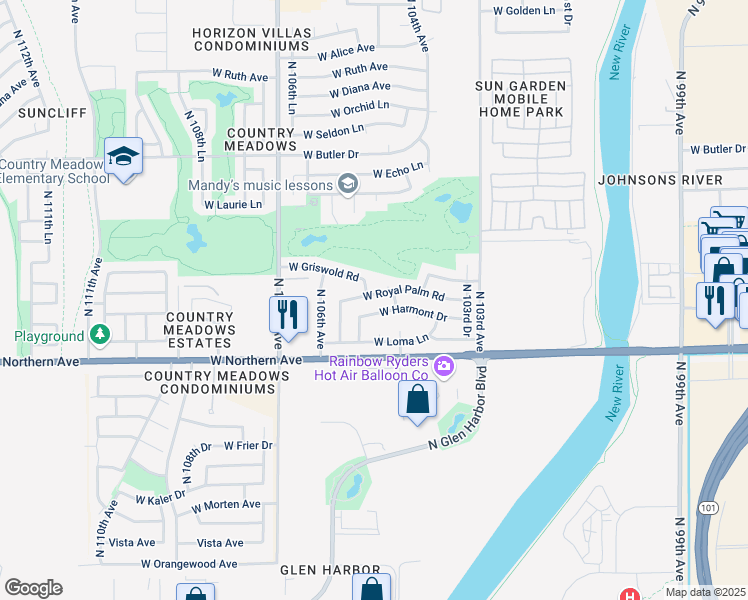 map of restaurants, bars, coffee shops, grocery stores, and more near 10430 West Royal Palm Road in Peoria