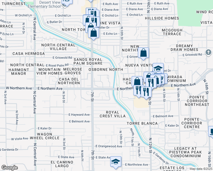 map of restaurants, bars, coffee shops, grocery stores, and more near 750 East Northern Avenue in Phoenix