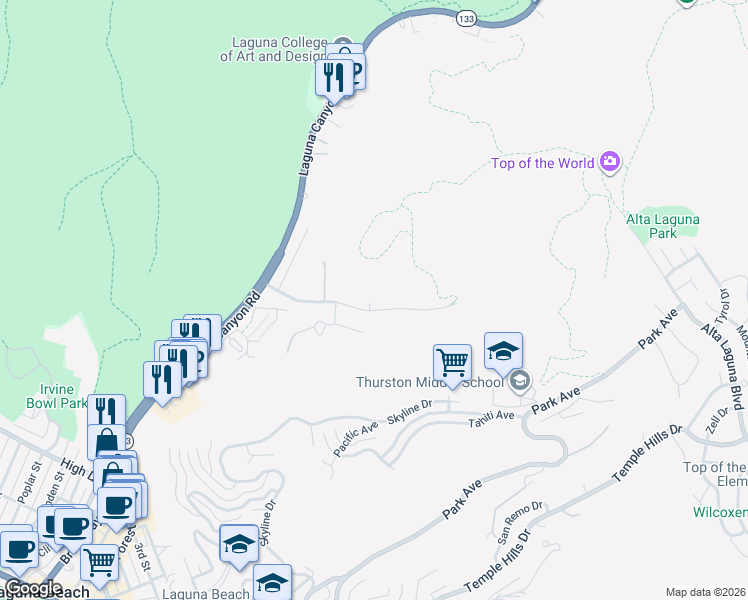 map of restaurants, bars, coffee shops, grocery stores, and more near 406 Canyon Acres Drive in Laguna Beach