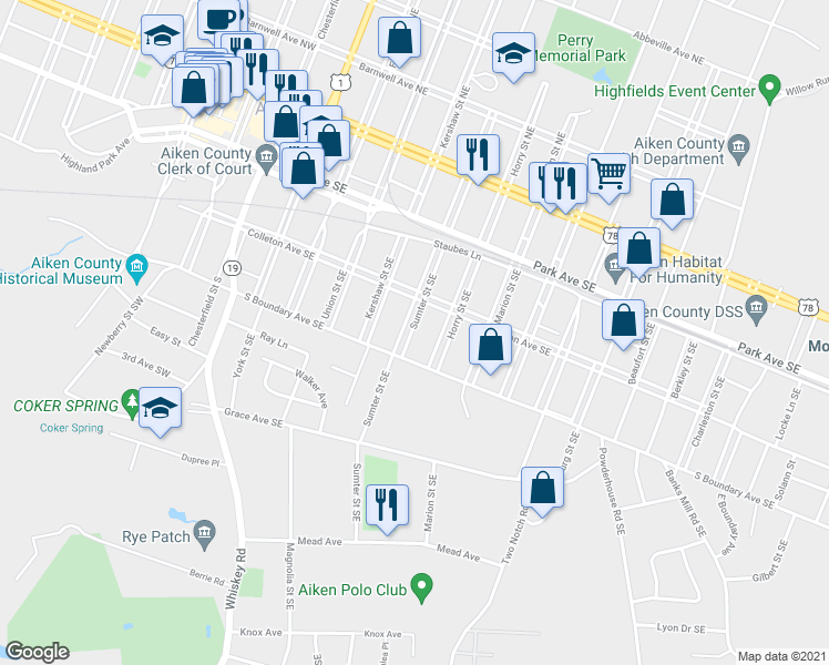 map of restaurants, bars, coffee shops, grocery stores, and more near 332 Sumter Street Southeast in Aiken