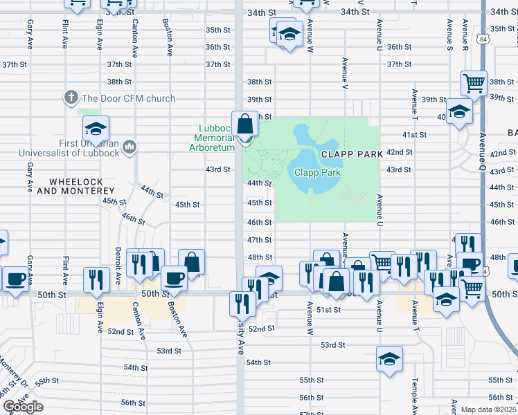 map of restaurants, bars, coffee shops, grocery stores, and more near 224 45th Street in Lubbock