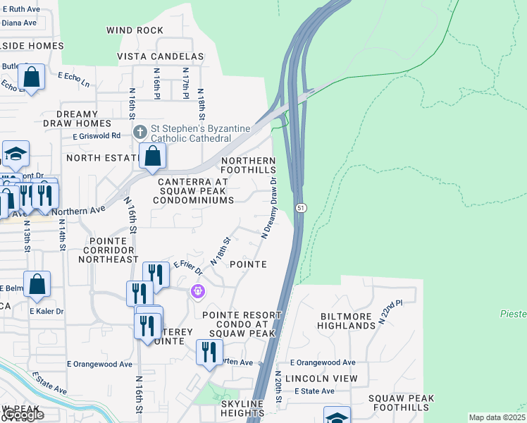 map of restaurants, bars, coffee shops, grocery stores, and more near 1921 East Loma Lane in Phoenix