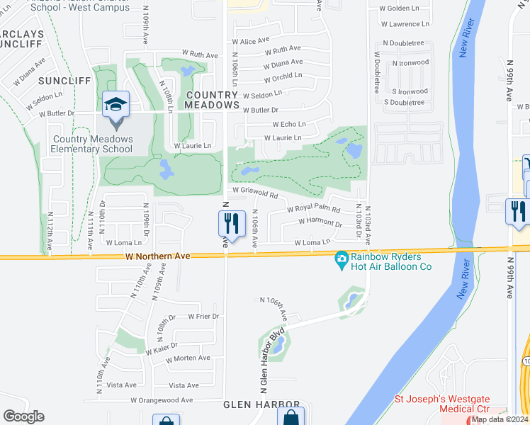 map of restaurants, bars, coffee shops, grocery stores, and more near 8118 North 105th Lane in Peoria