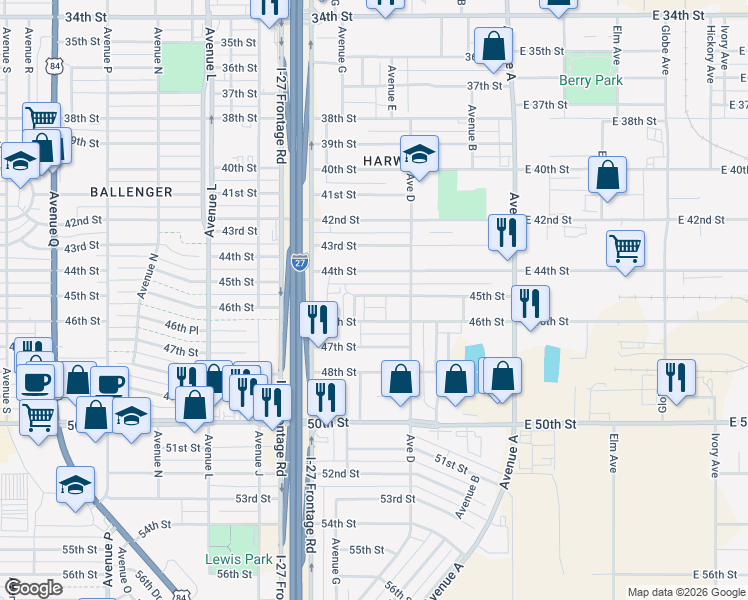 map of restaurants, bars, coffee shops, grocery stores, and more near 502 44th Street in Lubbock