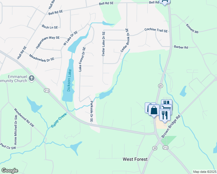map of restaurants, bars, coffee shops, grocery stores, and more near 4809 Cedar Lake Drive Southeast in Conyers