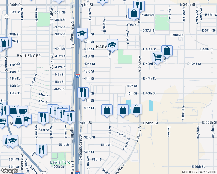 map of restaurants, bars, coffee shops, grocery stores, and more near 502 44th Street in Lubbock