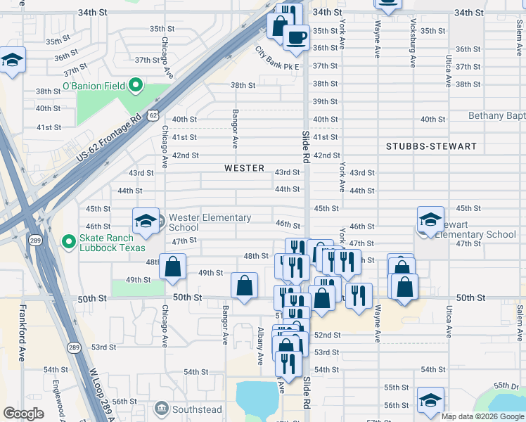 map of restaurants, bars, coffee shops, grocery stores, and more near 5304 45th Street in Lubbock