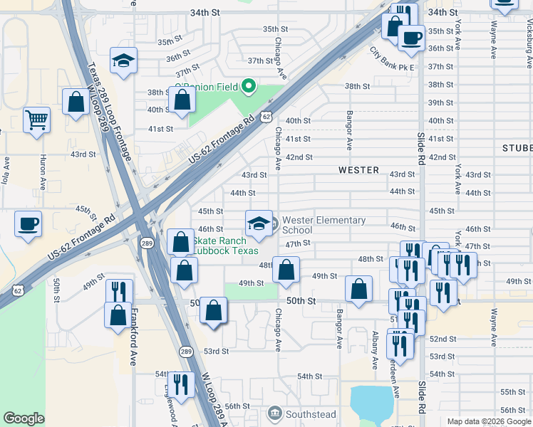 map of restaurants, bars, coffee shops, grocery stores, and more near 5514 45th Street in Lubbock