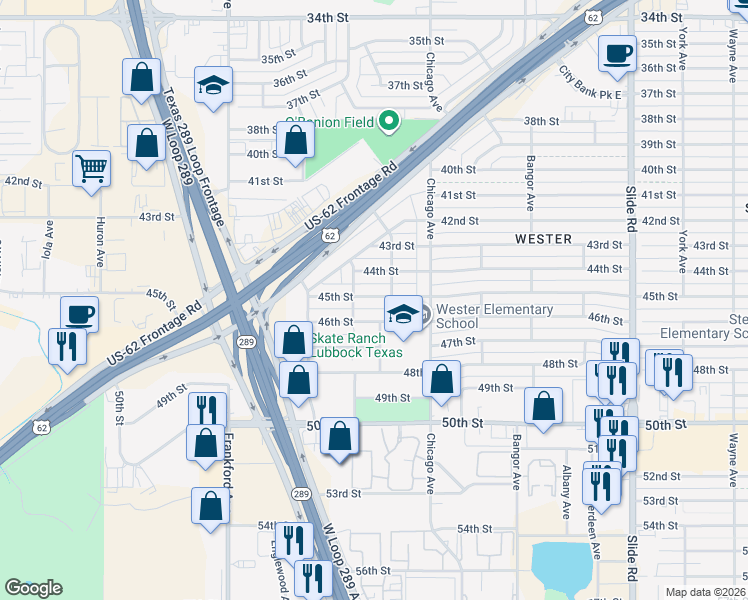 map of restaurants, bars, coffee shops, grocery stores, and more near 5610 45th Street in Lubbock