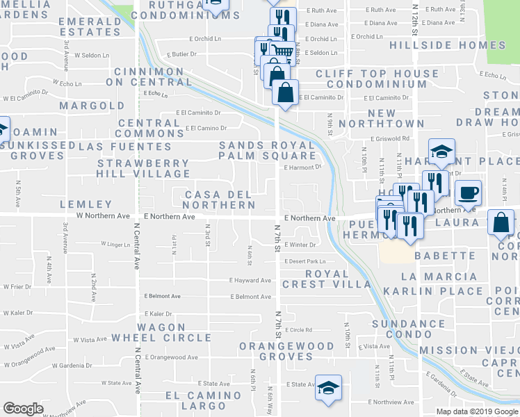 map of restaurants, bars, coffee shops, grocery stores, and more near 8015 North 6th Street in Phoenix