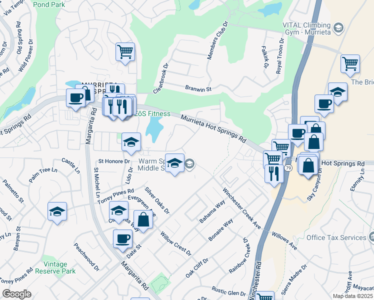 map of restaurants, bars, coffee shops, grocery stores, and more near 28919 Calle Del Lago in Murrieta