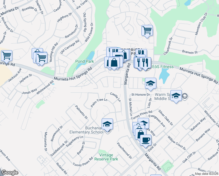map of restaurants, bars, coffee shops, grocery stores, and more near 26369 Palisades Drive in Murrieta