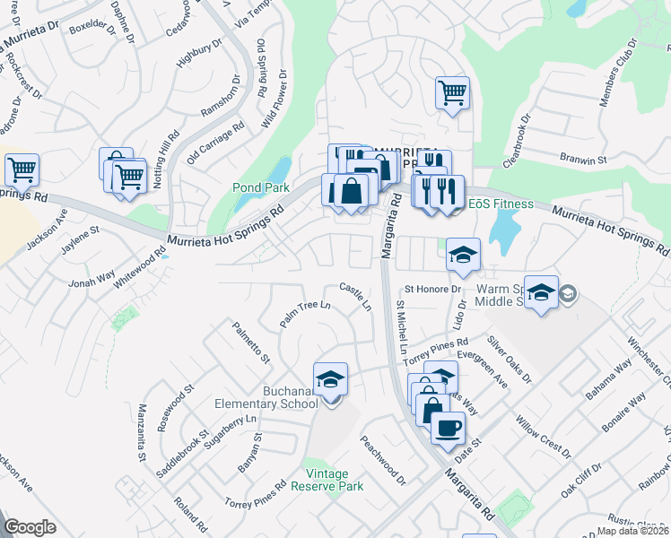 map of restaurants, bars, coffee shops, grocery stores, and more near 26369 Palisades Drive in Murrieta