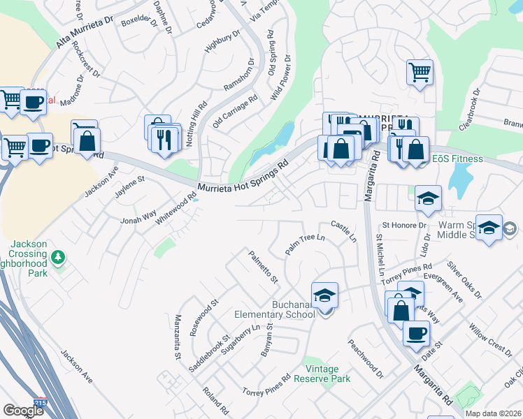 map of restaurants, bars, coffee shops, grocery stores, and more near 39862 Millbrook Way in Murrieta