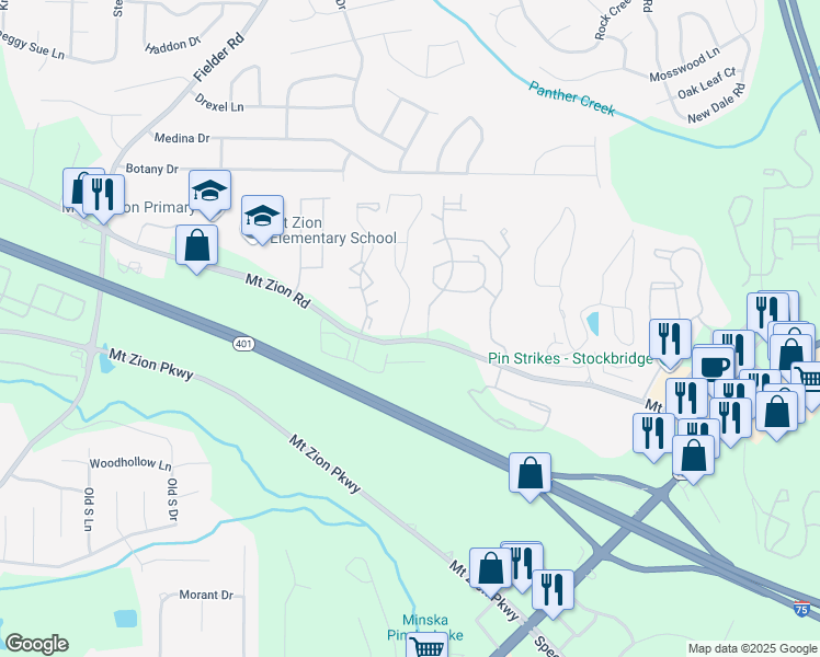map of restaurants, bars, coffee shops, grocery stores, and more near 2988 Mount Zion Road in Stockbridge