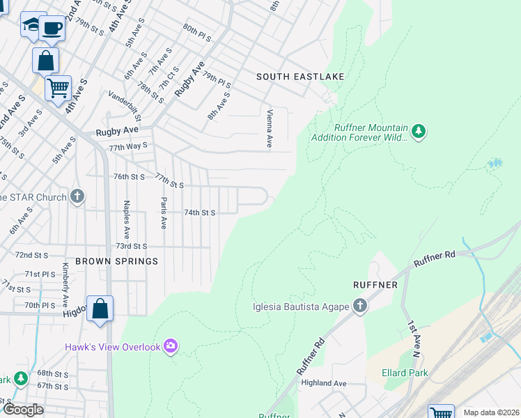 map of restaurants, bars, coffee shops, grocery stores, and more near 889 75th Street South in Birmingham