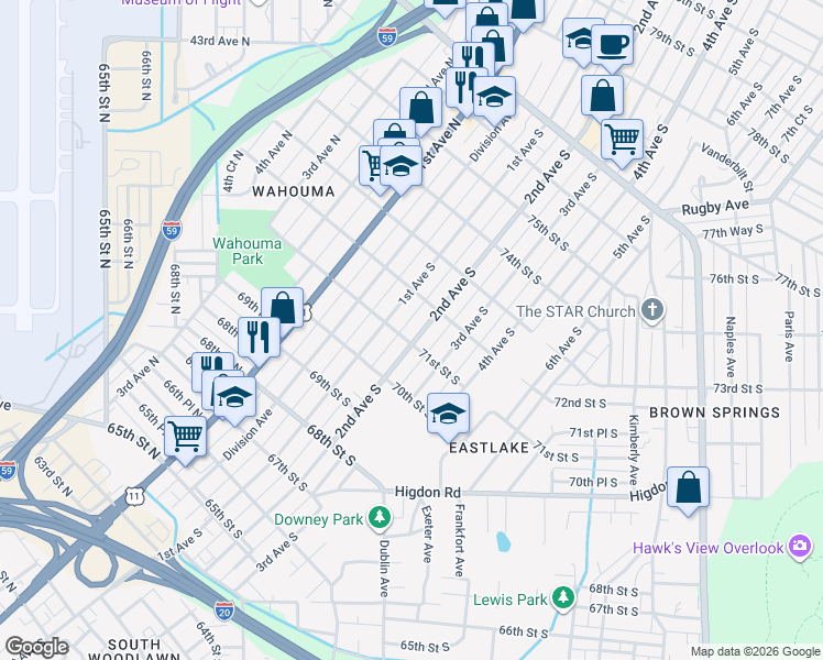 map of restaurants, bars, coffee shops, grocery stores, and more near 7122 2nd Avenue South in Birmingham