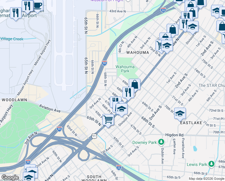 map of restaurants, bars, coffee shops, grocery stores, and more near 231 68th Street North in Birmingham