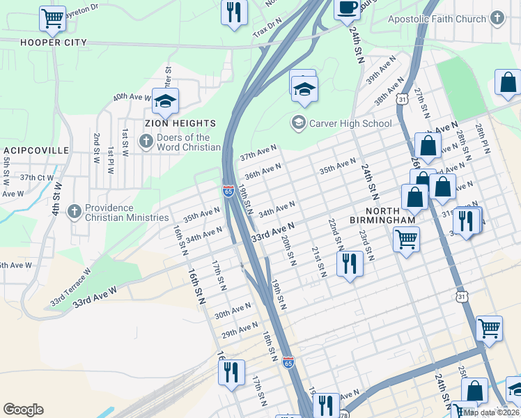 map of restaurants, bars, coffee shops, grocery stores, and more near 1916 34th Avenue North in Birmingham