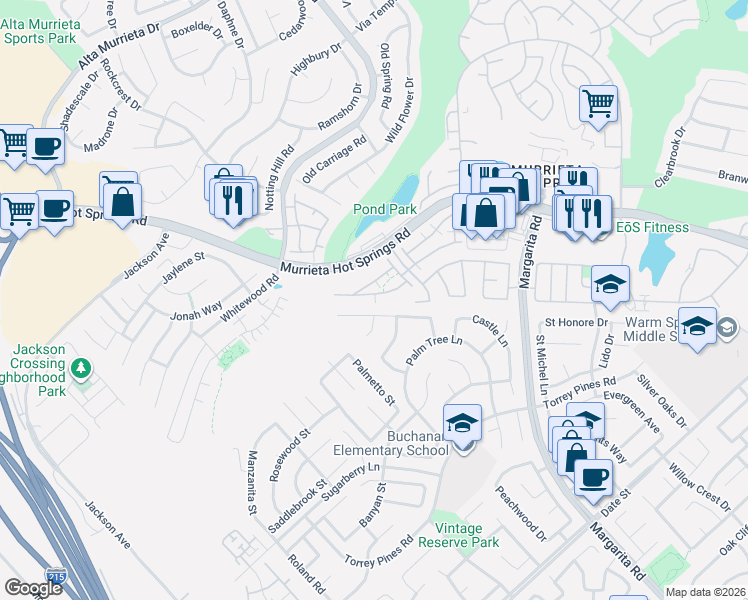 map of restaurants, bars, coffee shops, grocery stores, and more near 39862 Millbrook Way in Murrieta