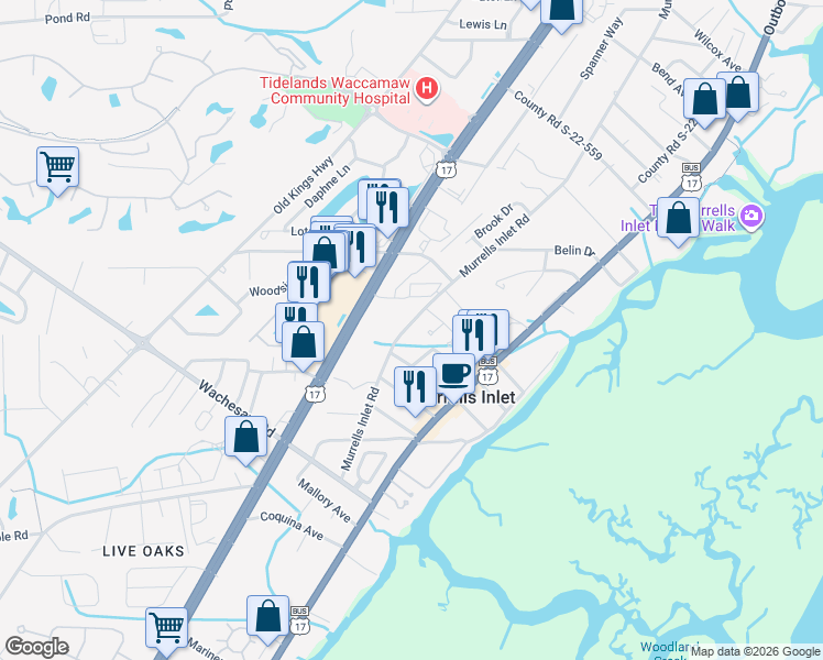 map of restaurants, bars, coffee shops, grocery stores, and more near 4414 County Road S-22-188 in Murrells Inlet