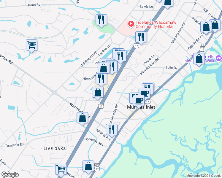 map of restaurants, bars, coffee shops, grocery stores, and more near U.S. 17 in Murrells Inlet