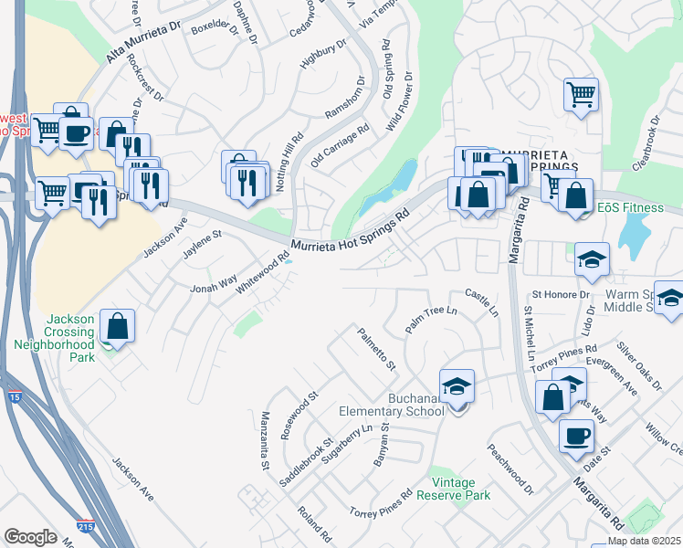 map of restaurants, bars, coffee shops, grocery stores, and more near 39975 Millbrook Way in Murrieta