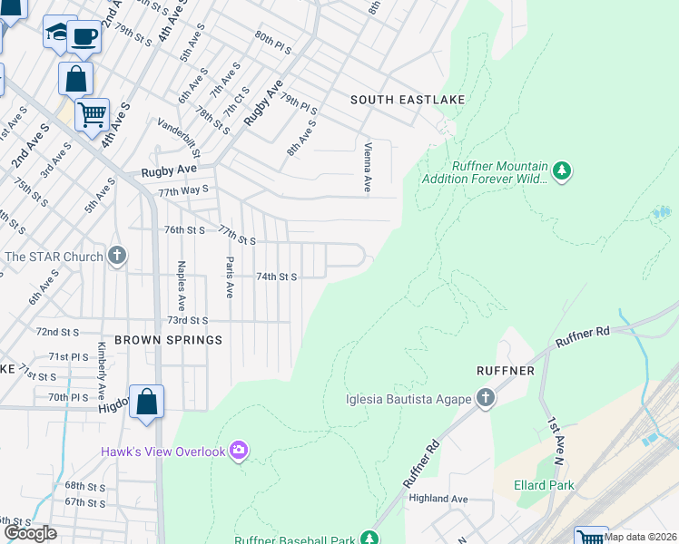 map of restaurants, bars, coffee shops, grocery stores, and more near 884 75th Street South in Birmingham