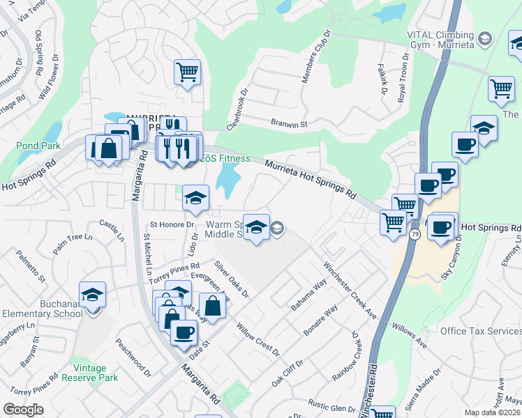 map of restaurants, bars, coffee shops, grocery stores, and more near Calle Del Lago in Murrieta