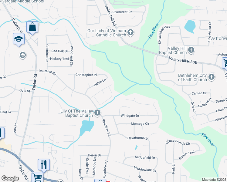 map of restaurants, bars, coffee shops, grocery stores, and more near 7362 Ledgestone Lane in Riverdale