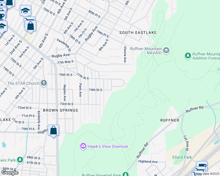 map of restaurants, bars, coffee shops, grocery stores, and more near 7404 Toulon Avenue in Birmingham