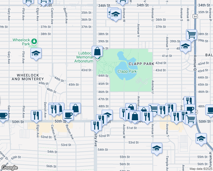 map of restaurants, bars, coffee shops, grocery stores, and more near 224 45th Street in Lubbock