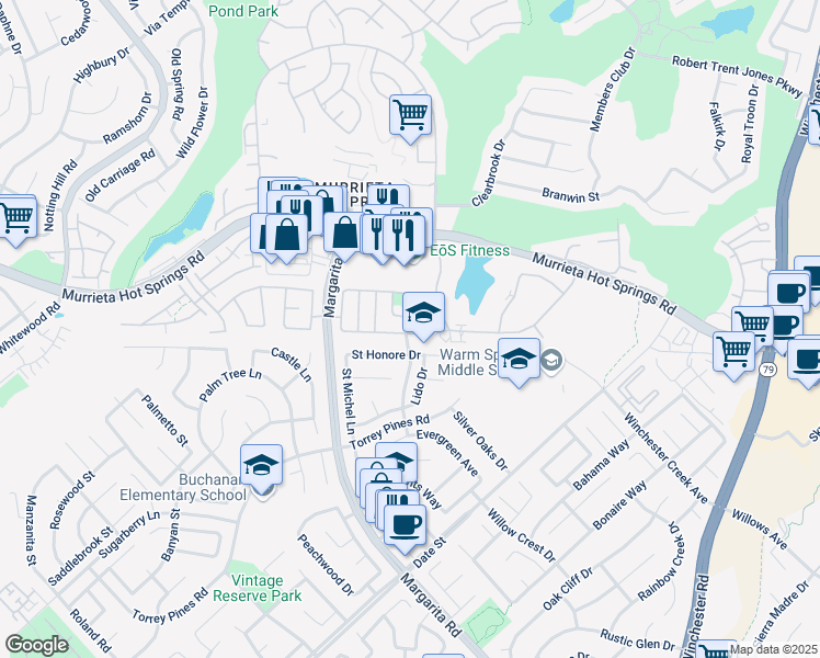 map of restaurants, bars, coffee shops, grocery stores, and more near 39714 Chambray Drive in Murrieta