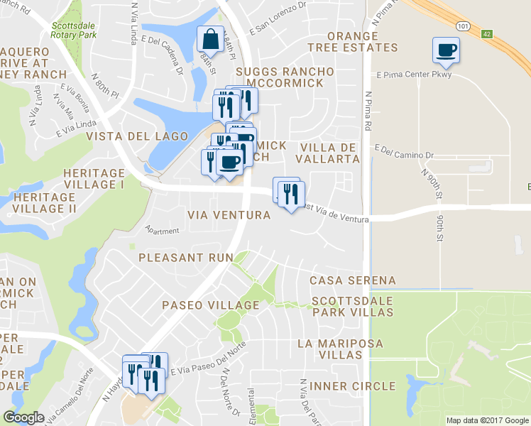 map of restaurants, bars, coffee shops, grocery stores, and more near 7975 Hayden Road in Scottsdale