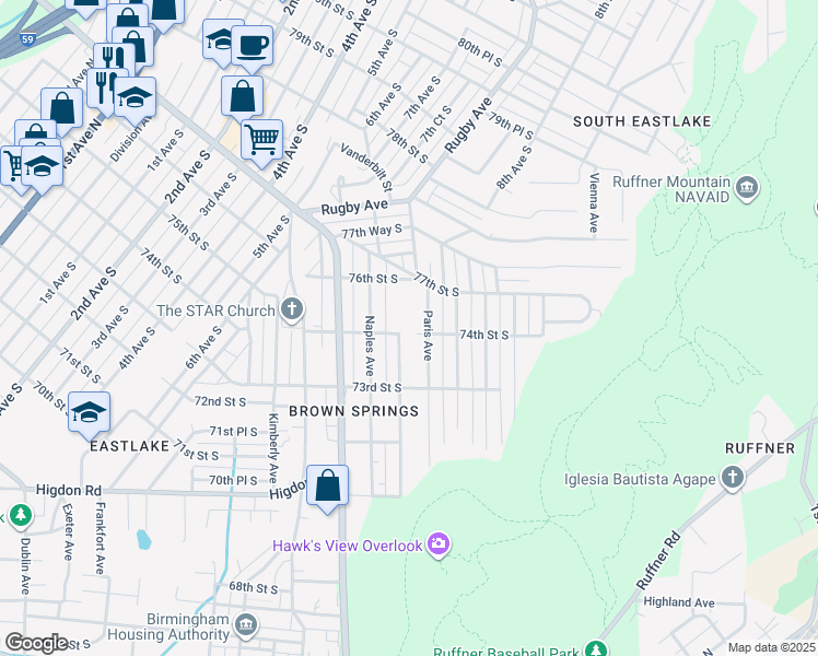 map of restaurants, bars, coffee shops, grocery stores, and more near 7405 Oporto Ave in Birmingham