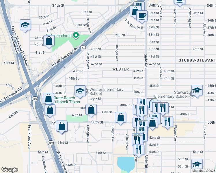 map of restaurants, bars, coffee shops, grocery stores, and more near 5413 45th Street in Lubbock