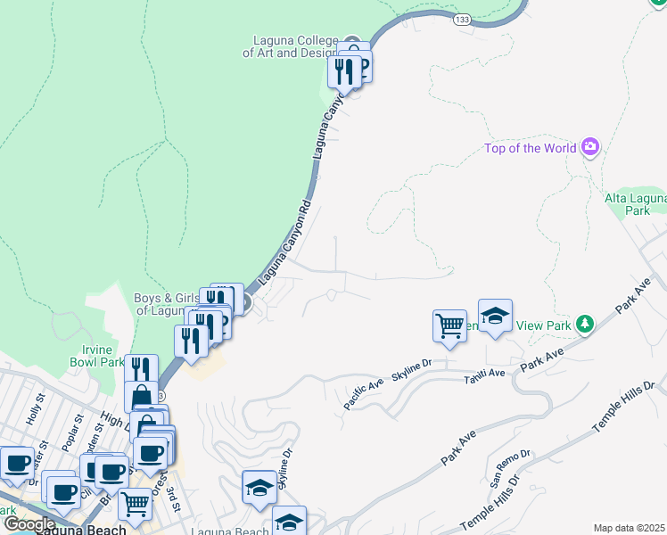 map of restaurants, bars, coffee shops, grocery stores, and more near 266 Canyon Acres Drive in Laguna Beach