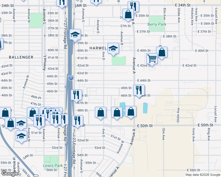 map of restaurants, bars, coffee shops, grocery stores, and more near 410 45th Street in Lubbock