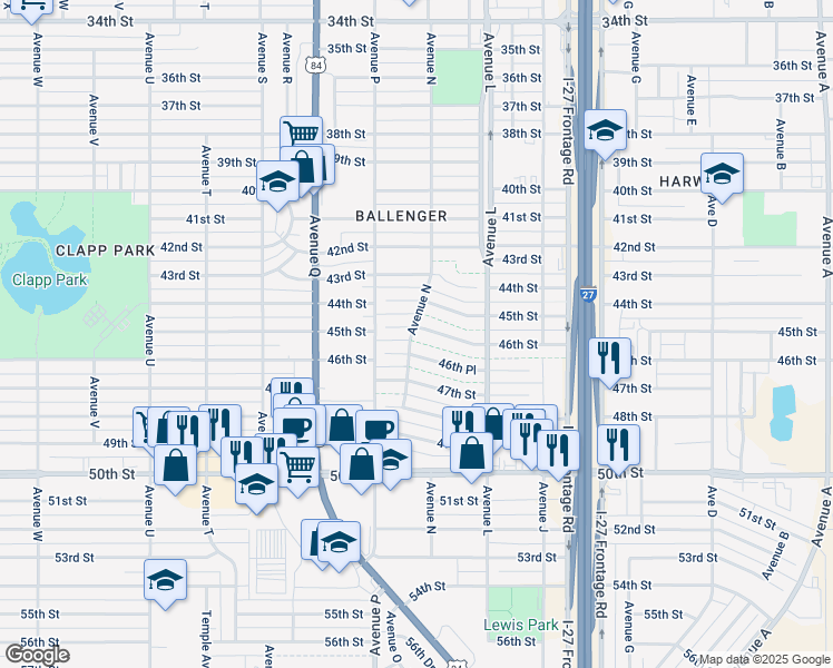map of restaurants, bars, coffee shops, grocery stores, and more near 1325 46th Street in Lubbock