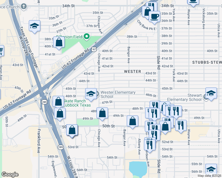 map of restaurants, bars, coffee shops, grocery stores, and more near 5426 45th Street in Lubbock