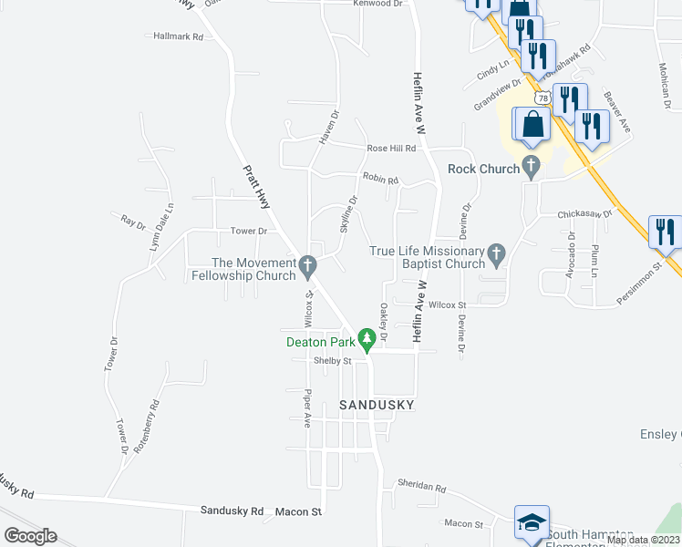 map of restaurants, bars, coffee shops, grocery stores, and more near 529 Telford Lane in Birmingham