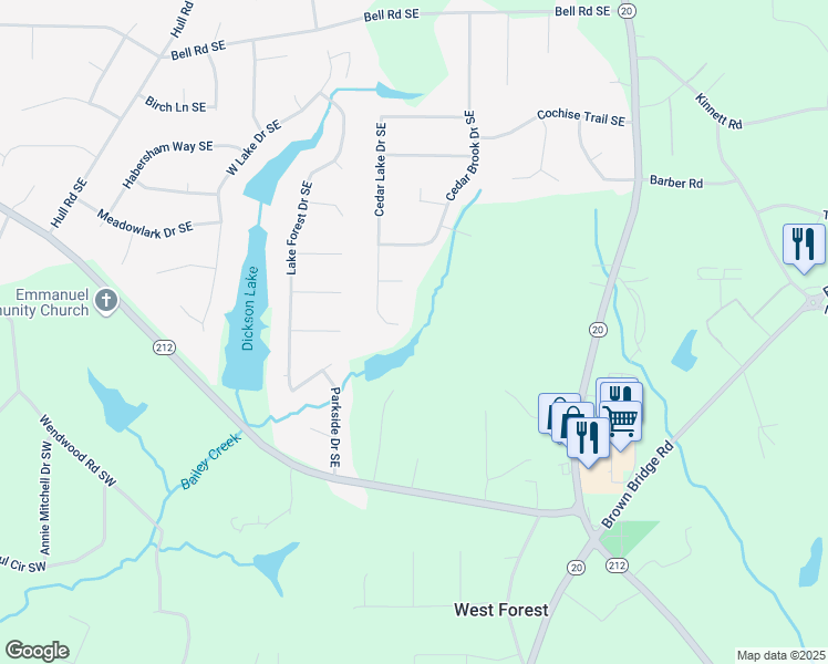 map of restaurants, bars, coffee shops, grocery stores, and more near 4809 Cedar Lake Drive Southeast in Conyers