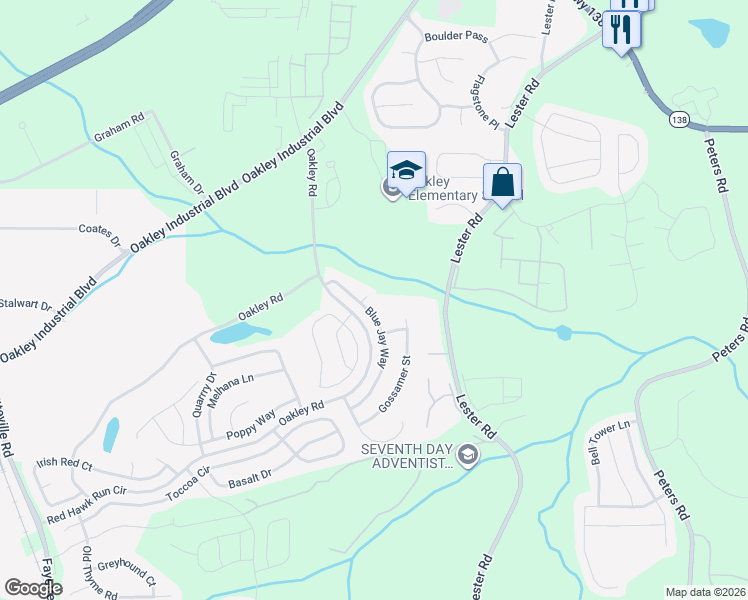 map of restaurants, bars, coffee shops, grocery stores, and more near 105 Gardenia Court in Fairburn