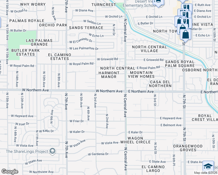 map of restaurants, bars, coffee shops, grocery stores, and more near 130 West Northern Avenue in Phoenix