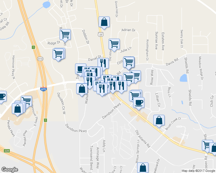 map of restaurants, bars, coffee shops, grocery stores, and more near 0 Georgia 138 in Stockbridge